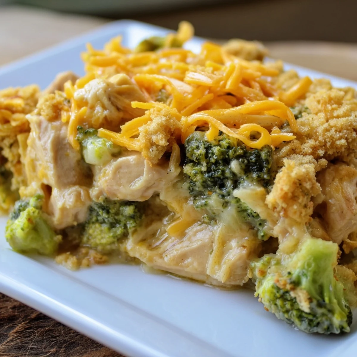 Golden, bubbly Chicken & Broccoli Cheddar Bake fresh from the oven, smelling cheesy and delicious.