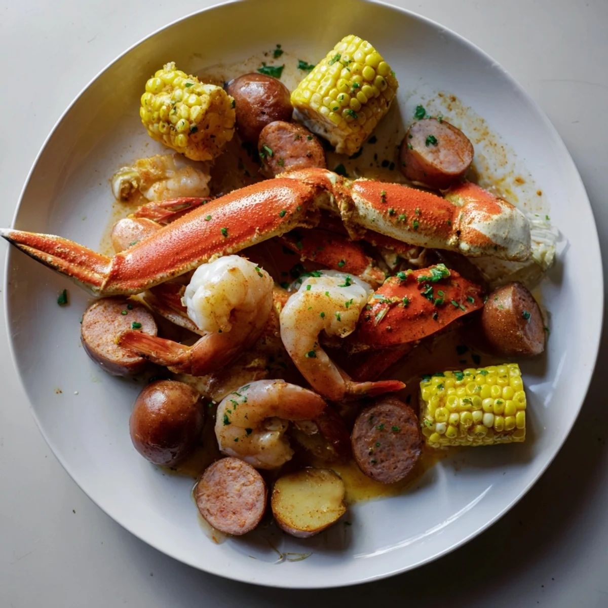 Steaming hot Seafood Boil with crab, shrimp, and sausage piled high, perfect for sharing and flavorful.