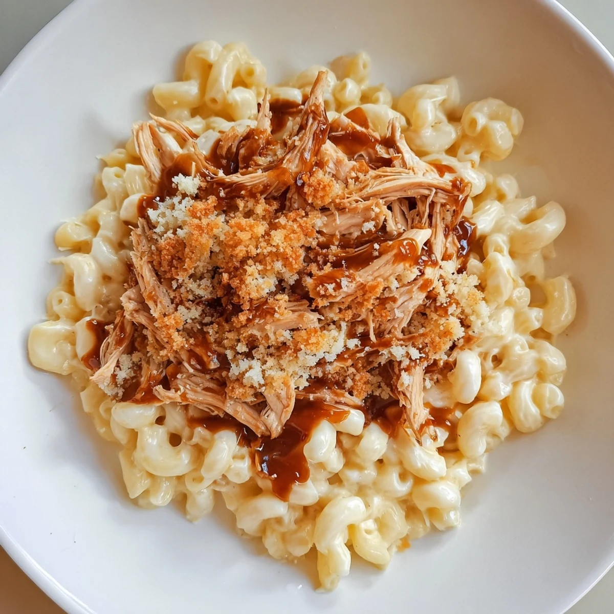 Classic mac & cheese with BBQ chicken: A bubbly baked casserole with golden breadcrumbs and juicy chicken.