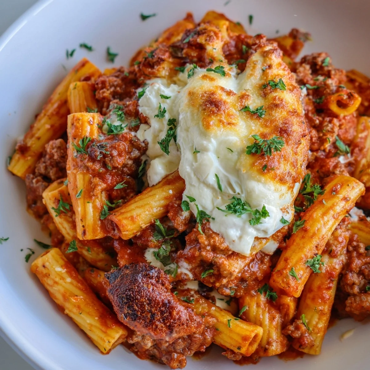 A steaming casserole of Baked Ziti, showcasing rich meaty sauce and a golden, browned cheese topping.