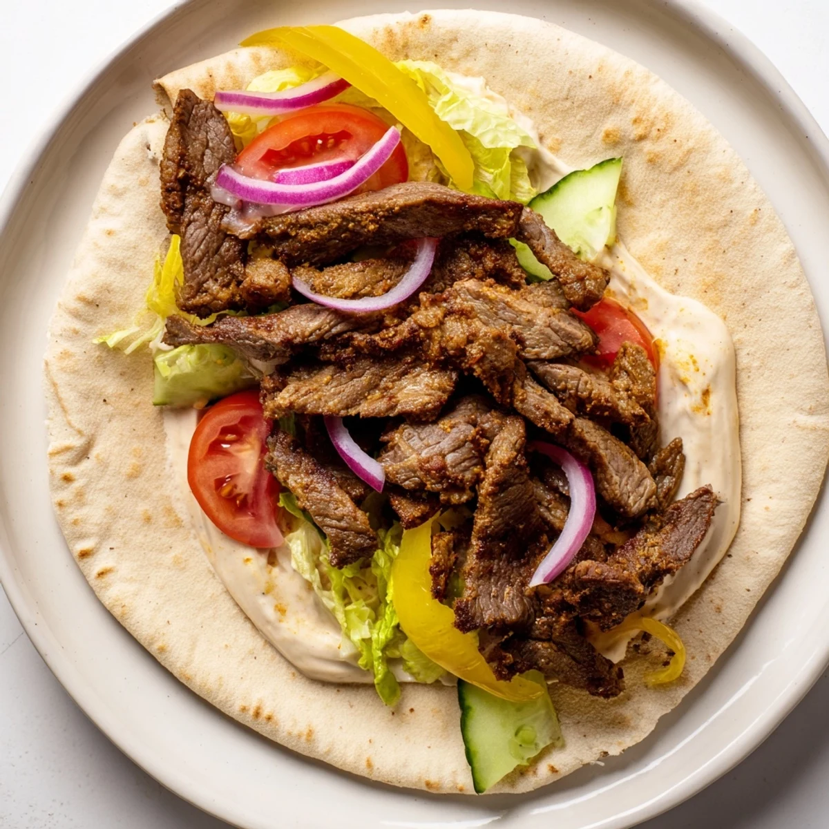 A close-up of delicious beef shawarma wraps on a plate, ready to be enjoyed with friends.