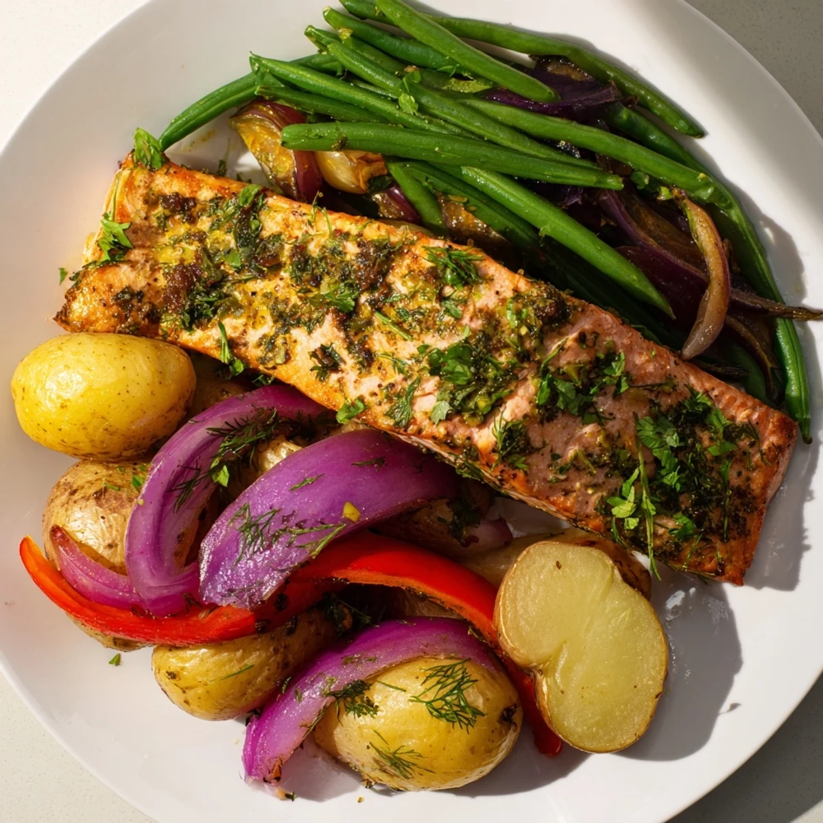 Close-up of baked Lemon Herb Salmon & Potato Sheet Pan: tender salmon, colorful veggies, and crispy potatoes.