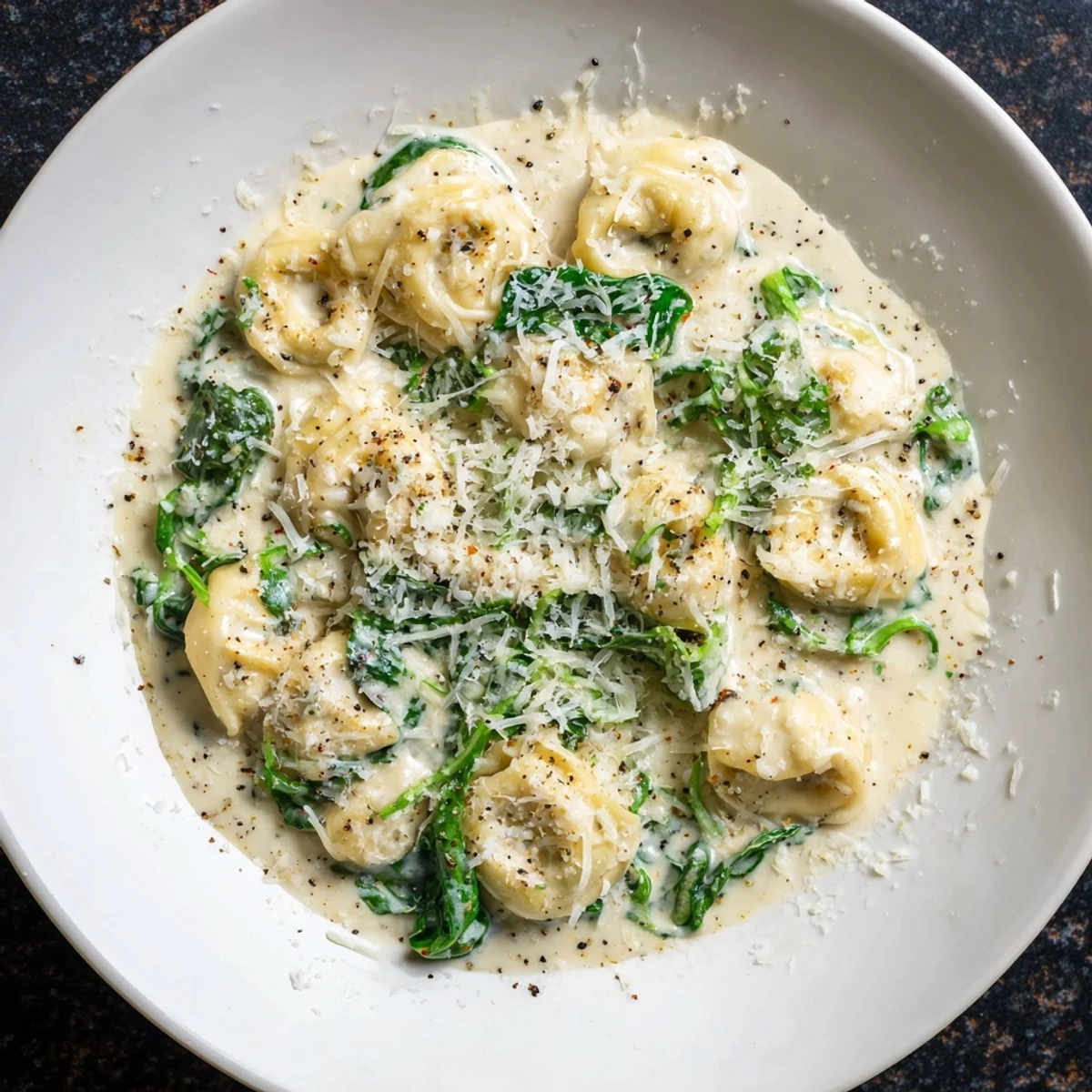 Spoonful of Creamy Spinach Alfredo Tortellini, featuring tender cheese tortellini and fresh spinach in a rich Alfredo.