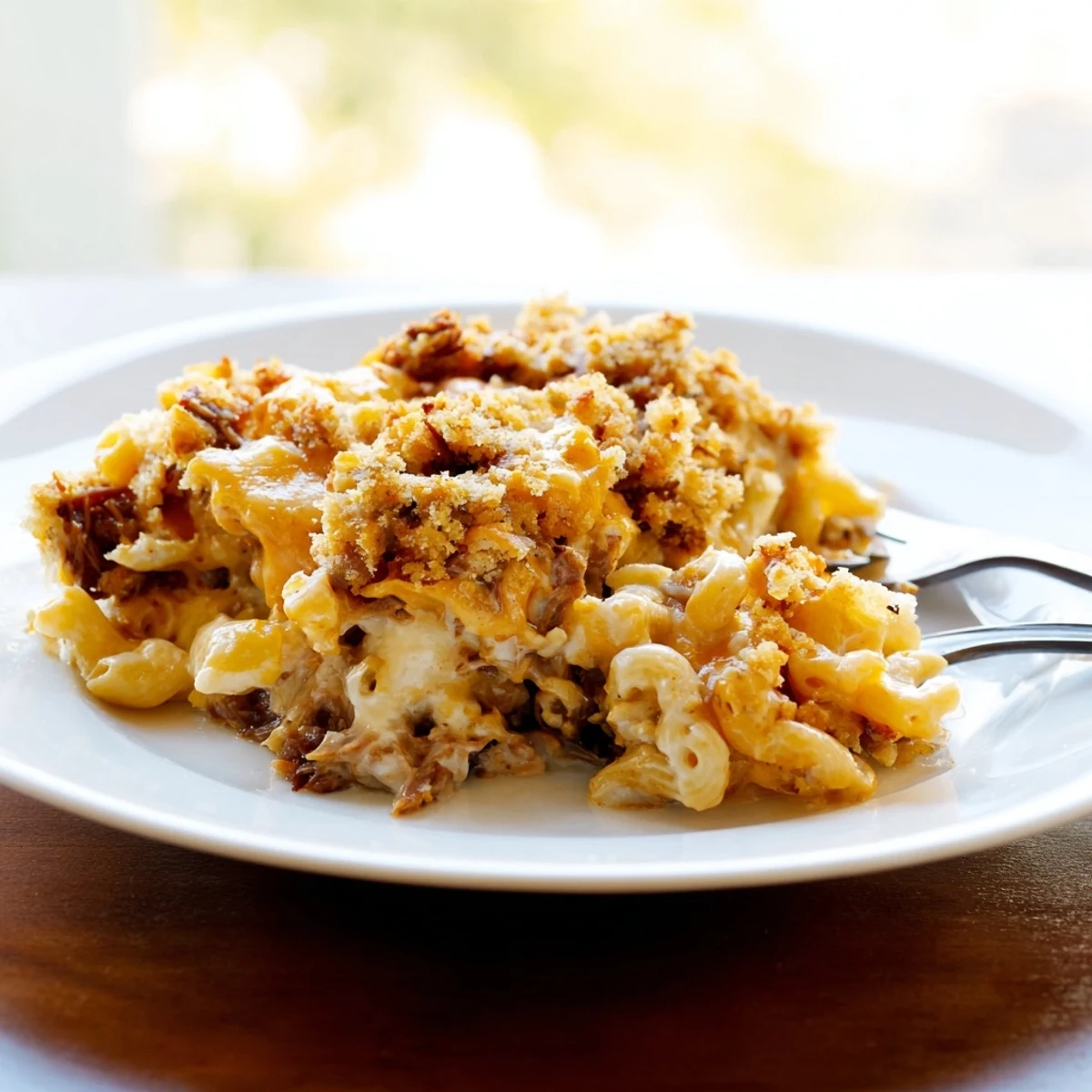 Creamy barbecue pulled pork mac and cheese, topped with golden, bubbly breadcrumbs for a comforting main dish.