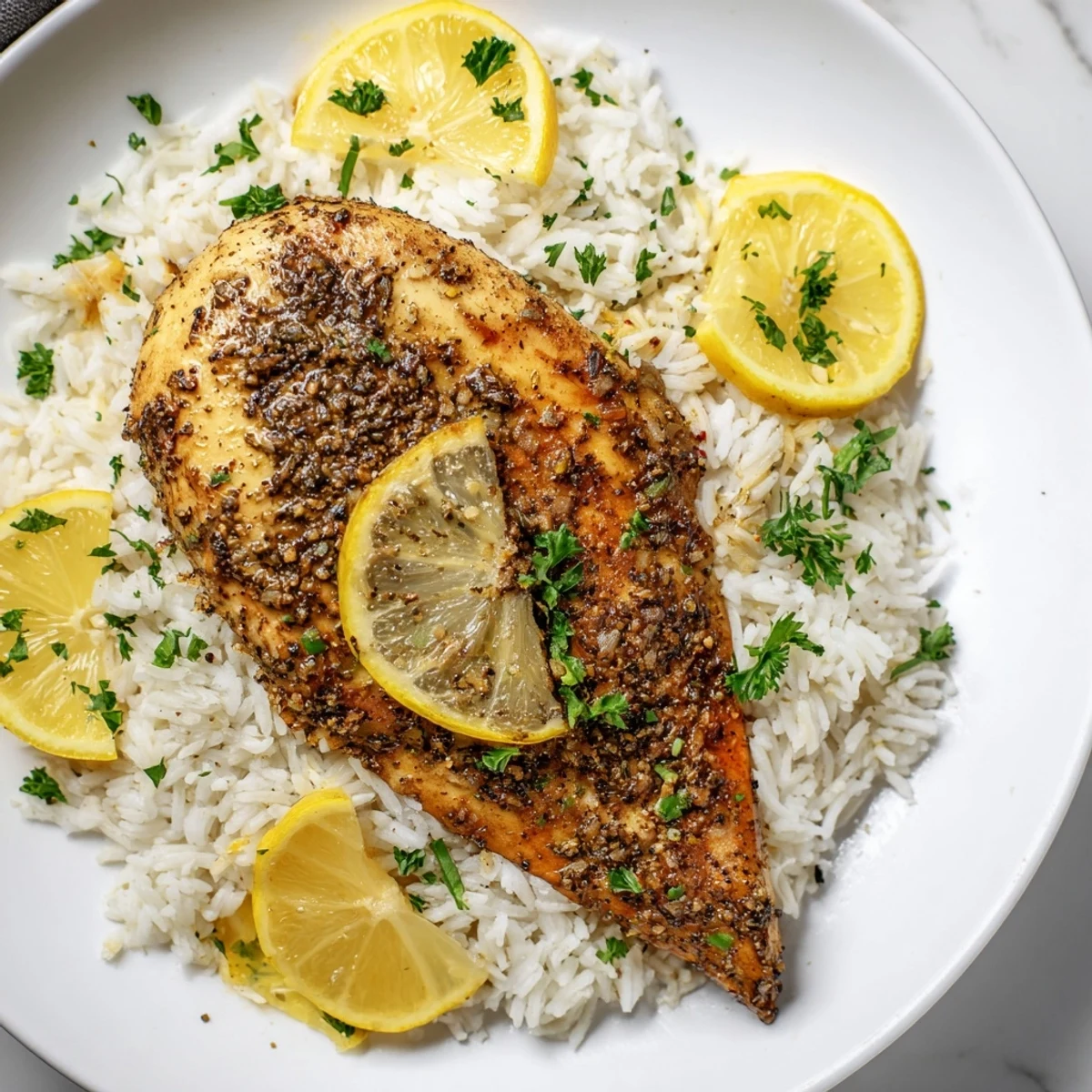 A flavorful plate of Lemon Pepper Chicken with fluffy rice, sprinkled with fresh parsley and lemon.