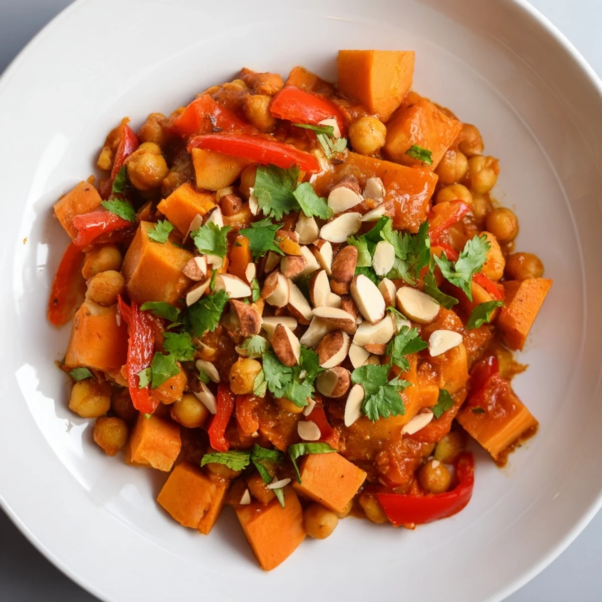 Golden sweet potatoes and hearty chickpeas simmer in a vibrant Moroccan Tagine, ready to serve with lemon.