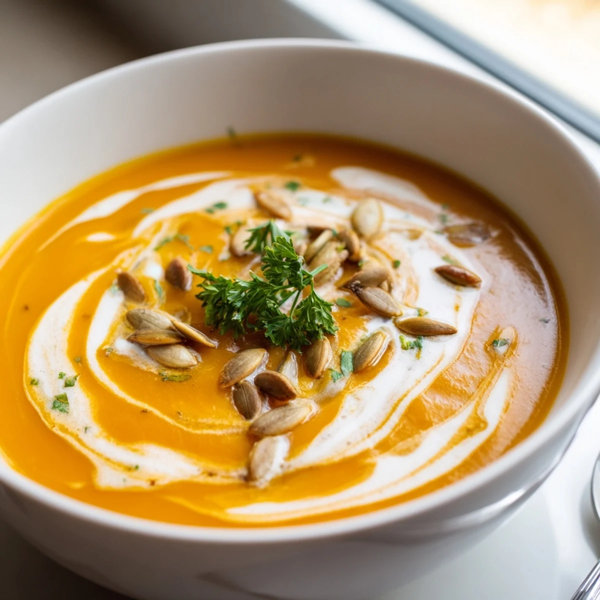 Creamy butternut squash and pear soup, garnished with herbs, ready to be served warm.