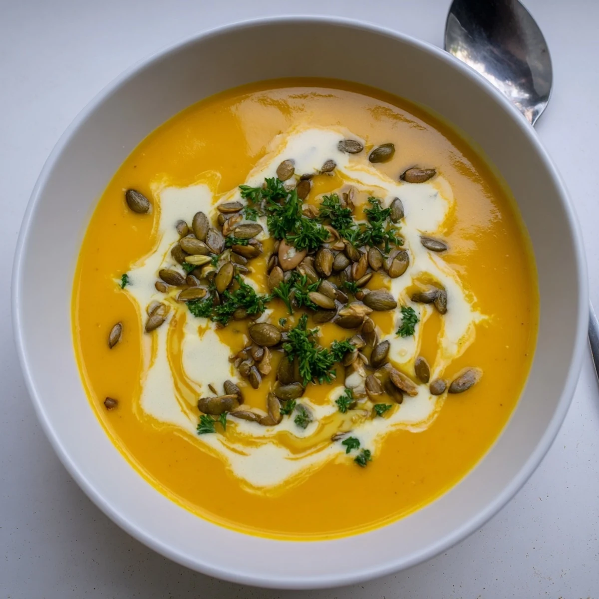 A bowl of savory butternut squash and pear soup, perfectly blended for autumn comfort.