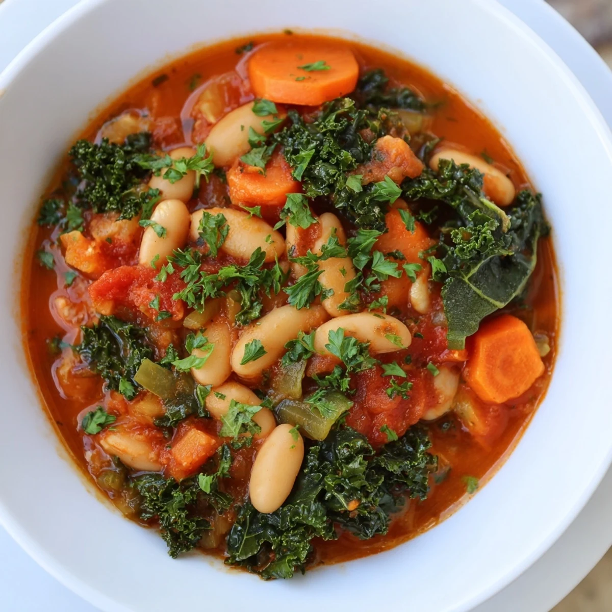 A steaming bowl of Italian Bean & Kale Stew, showcasing rustic textures and vibrant green kale.