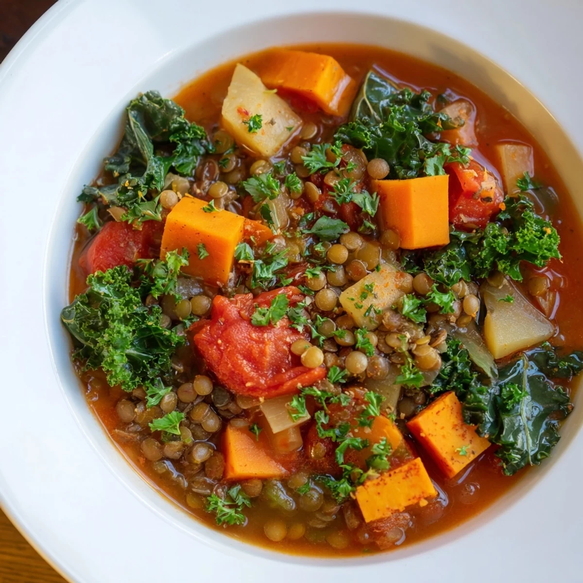Delicious, vegan Winter Vegetable & Lentil Soup; a comforting, warm bowl for a chilly evening.