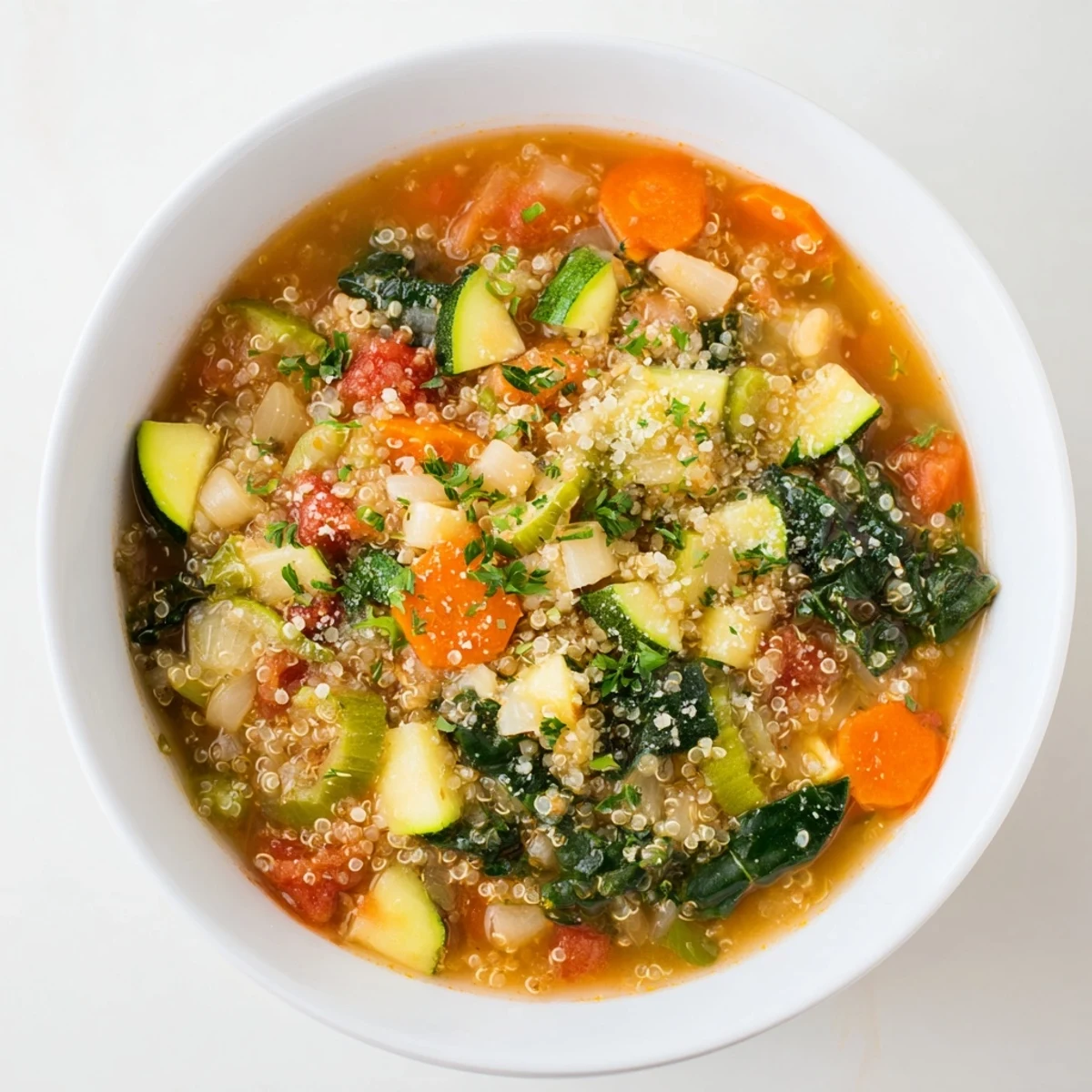 Homemade Minestrone with Quinoa, a warm, healthy soup filled with winter greens.