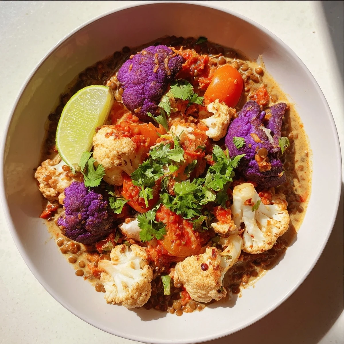 Flavorful Red Cabbage, Cauliflower & Coconut Dhal steaming in a bowl, with vibrant colors from spices and vegetables.