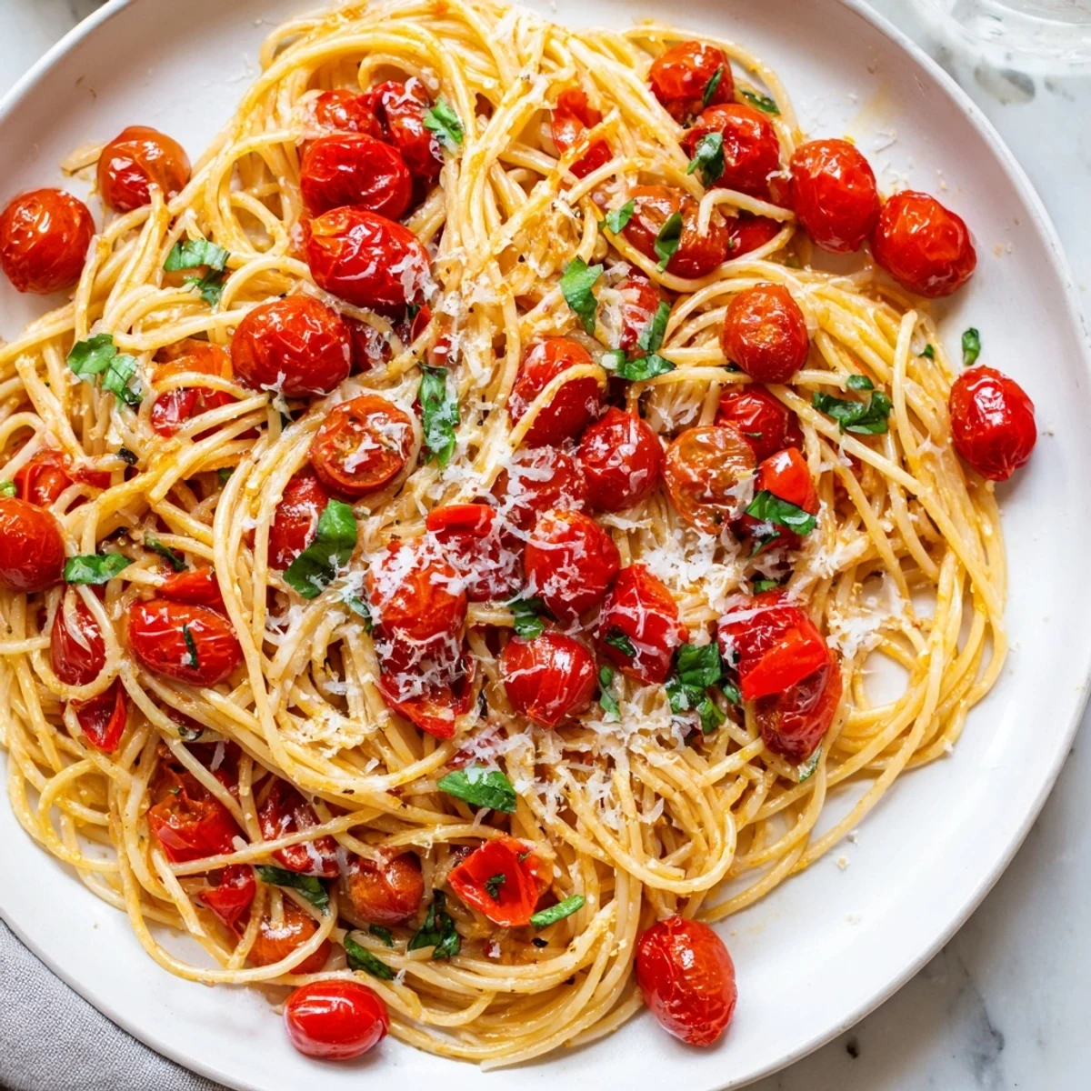 A close-up shot of perfectly cooked Lazy-Girl Pasta, tossed in a vibrant tomato sauce.