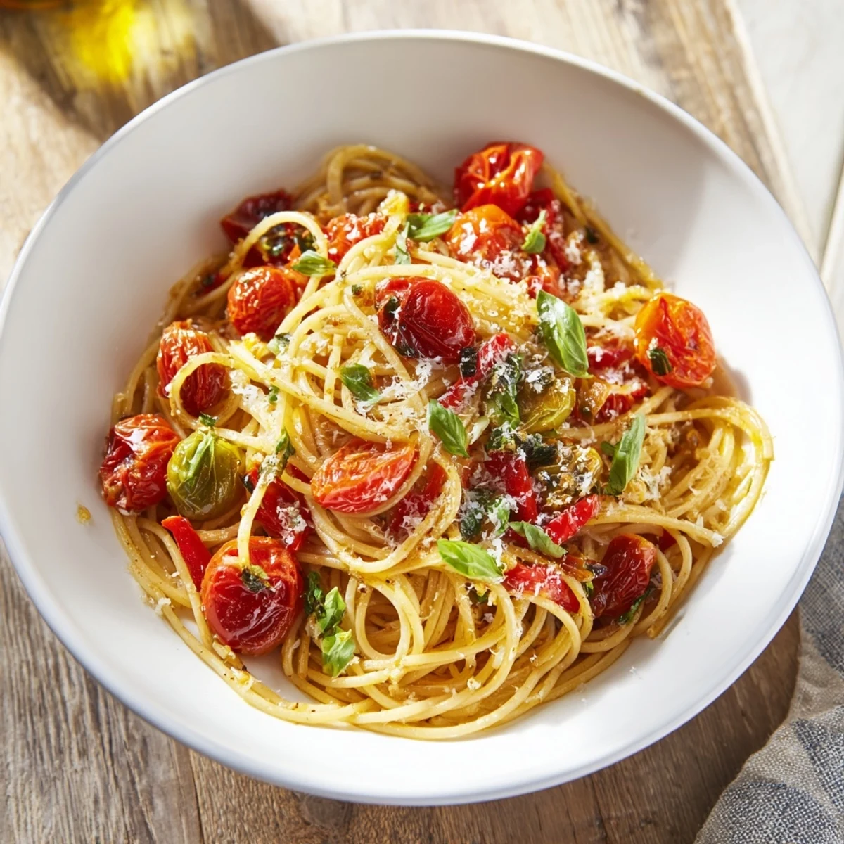 Golden bowls of quick Lazy-Girl Pasta, glistening with tomatoes, ready to serve and enjoy.