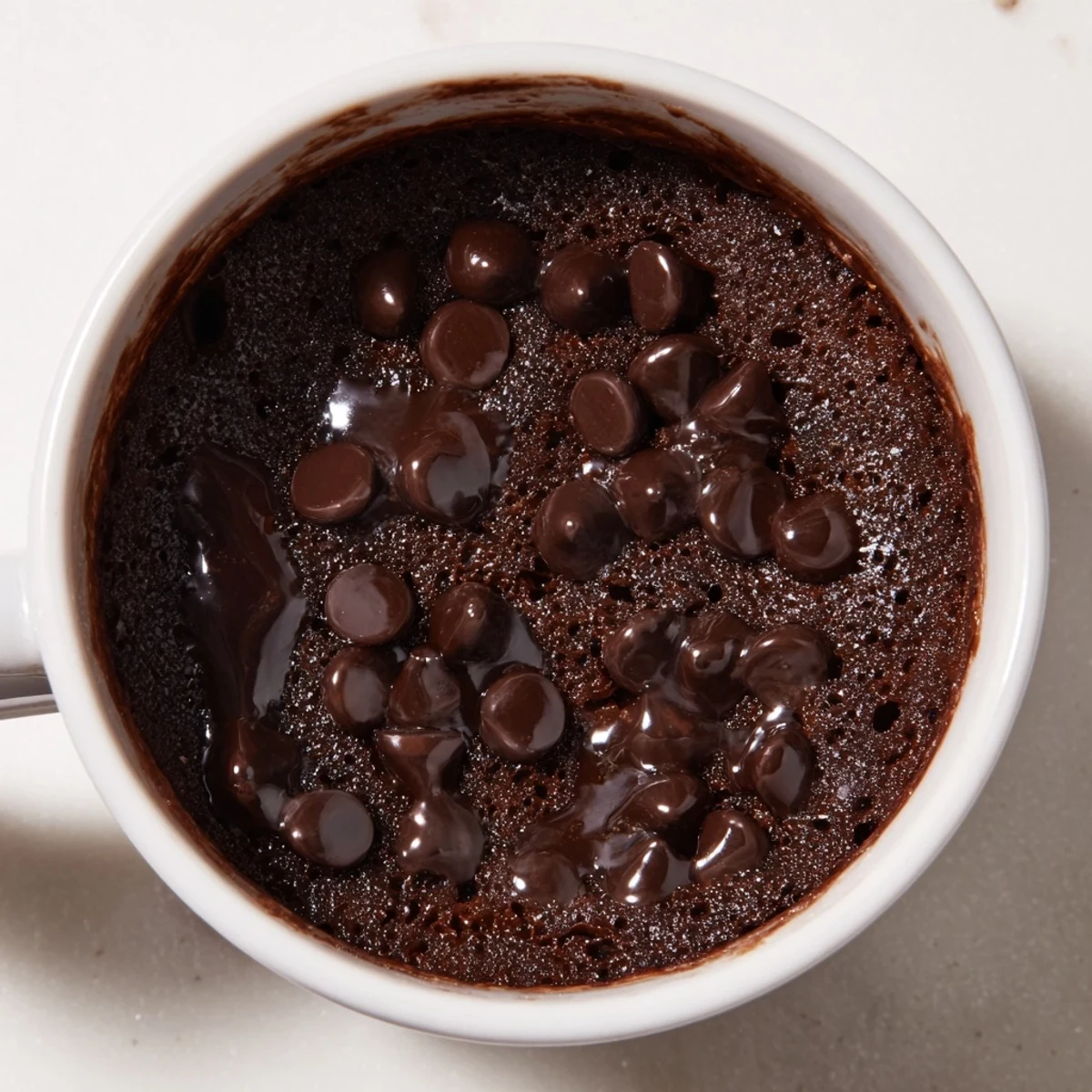 Steaming-hot microwaved mug cake, a quick dessert with chocolate chips, ready to eat now.
