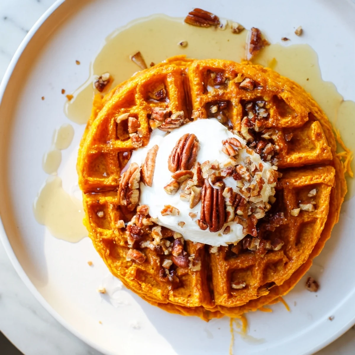 A warm plate of homemade sweet potato waffles, beautifully fluffy and lightly spiced with cinnamon.