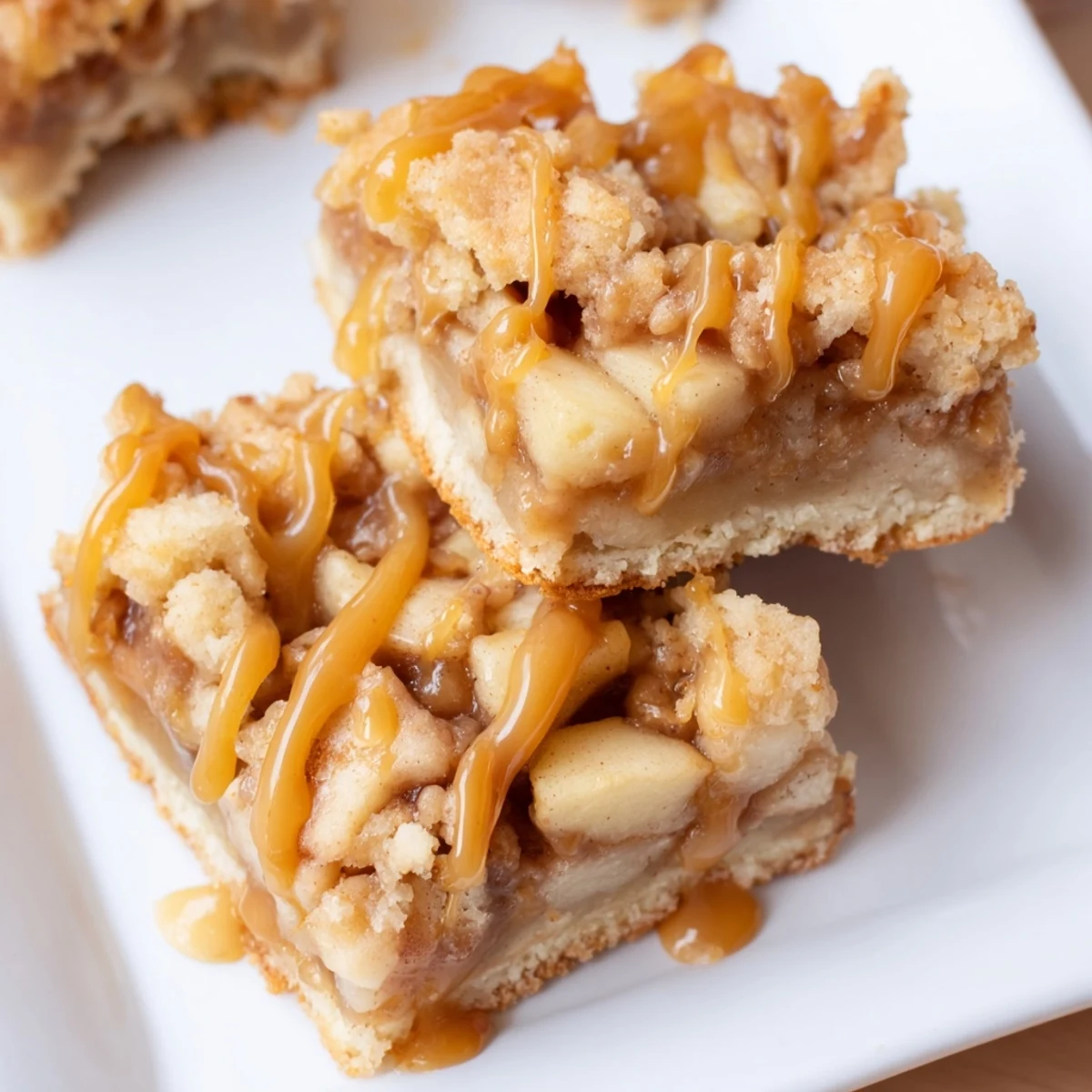 Chewy Caramel Apple Cookie Bars topped with glistening caramel, ready to be enjoyed as a sweet treat.