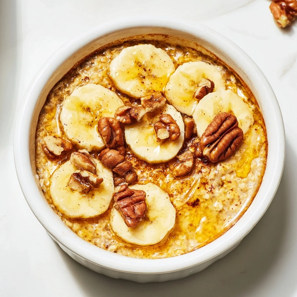 Close-up of Baked Oats Ramekins with Banana and Honey, showing the creamy texture and sweet aroma.
