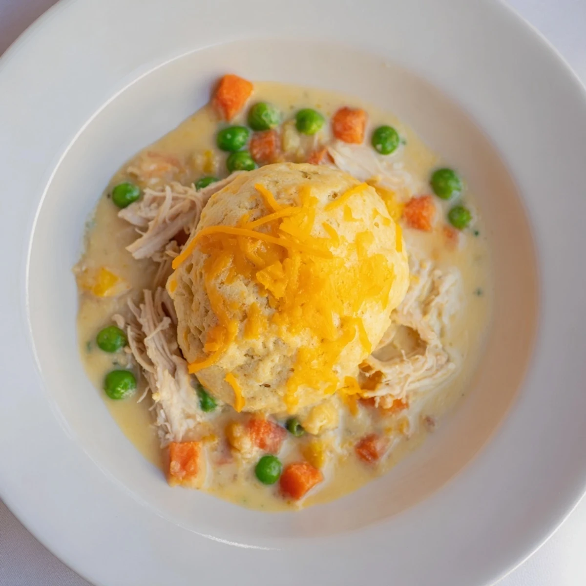 Golden, cheesy cheddar biscuits top a bubbling, savory One-Pan Chicken Cobbler, ready to serve.
