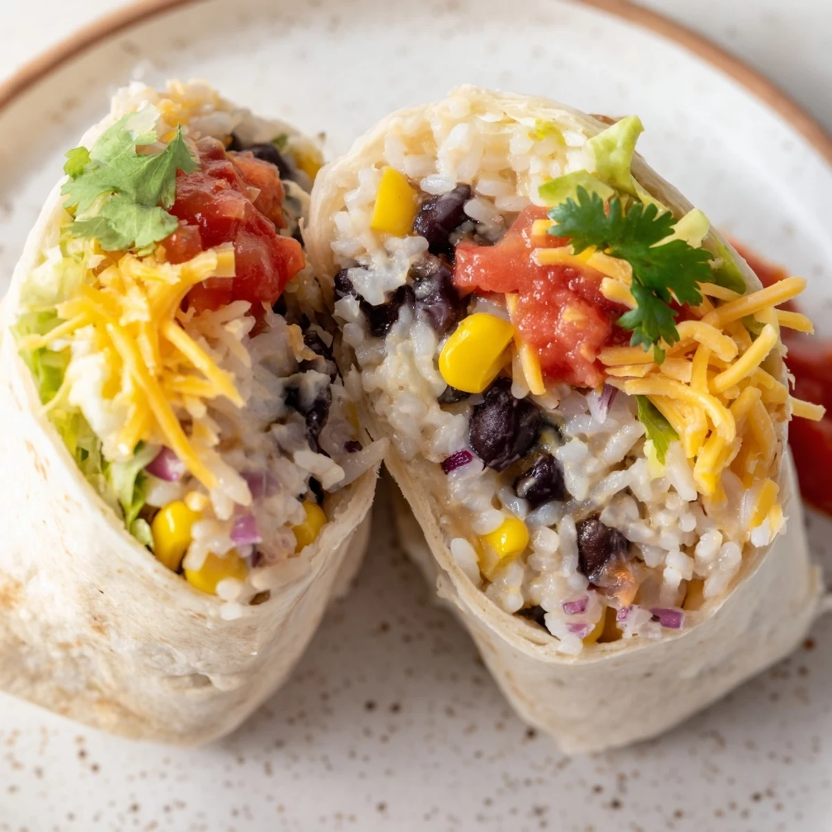 Steaming, fluffy Rice & Bean Burritos, packed with savory beans, salsa, and colorful fresh veggies, ready to enjoy.