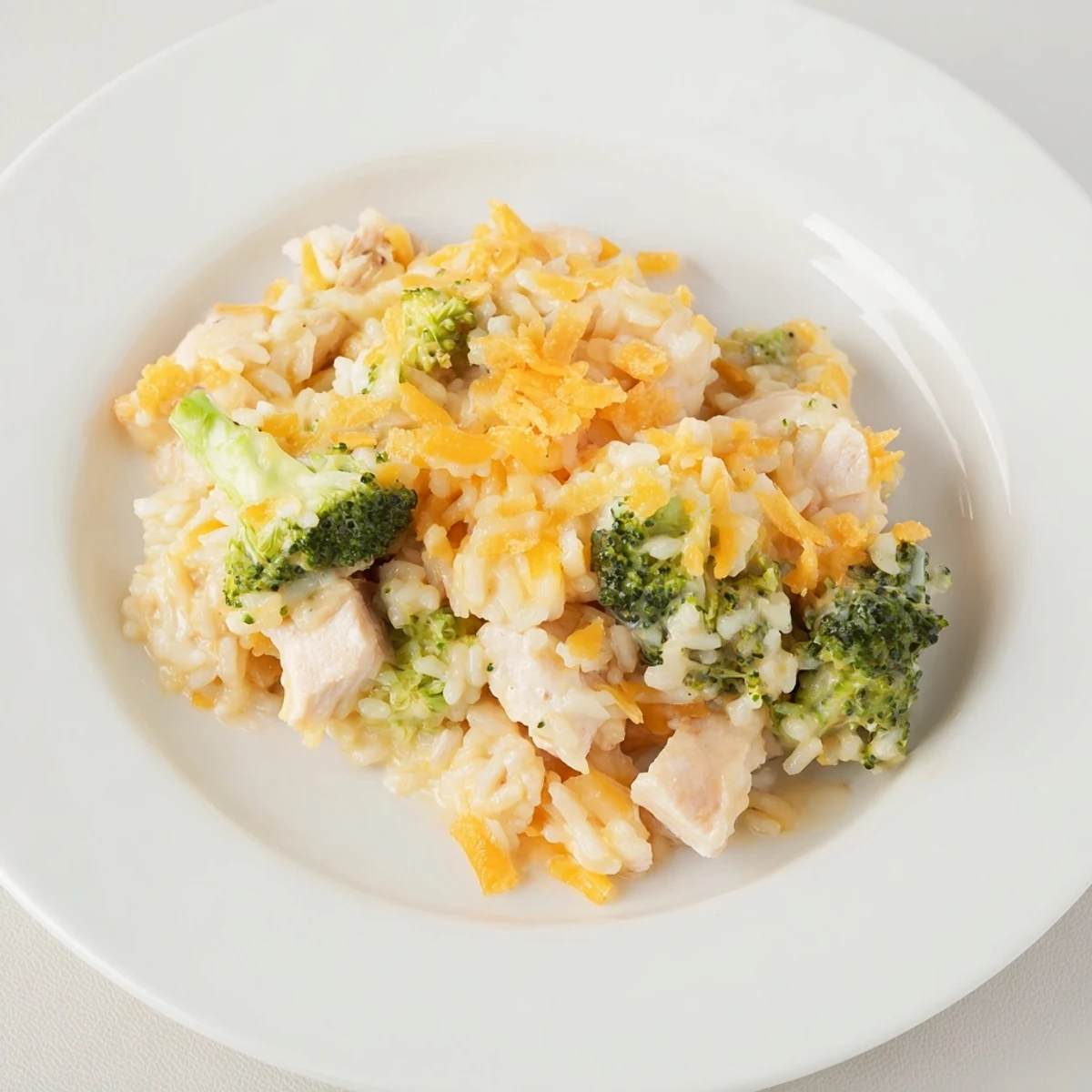 Golden-brown Chicken & Broccoli Rice Casserole, a comforting baked dish with melted cheese and tender chicken.