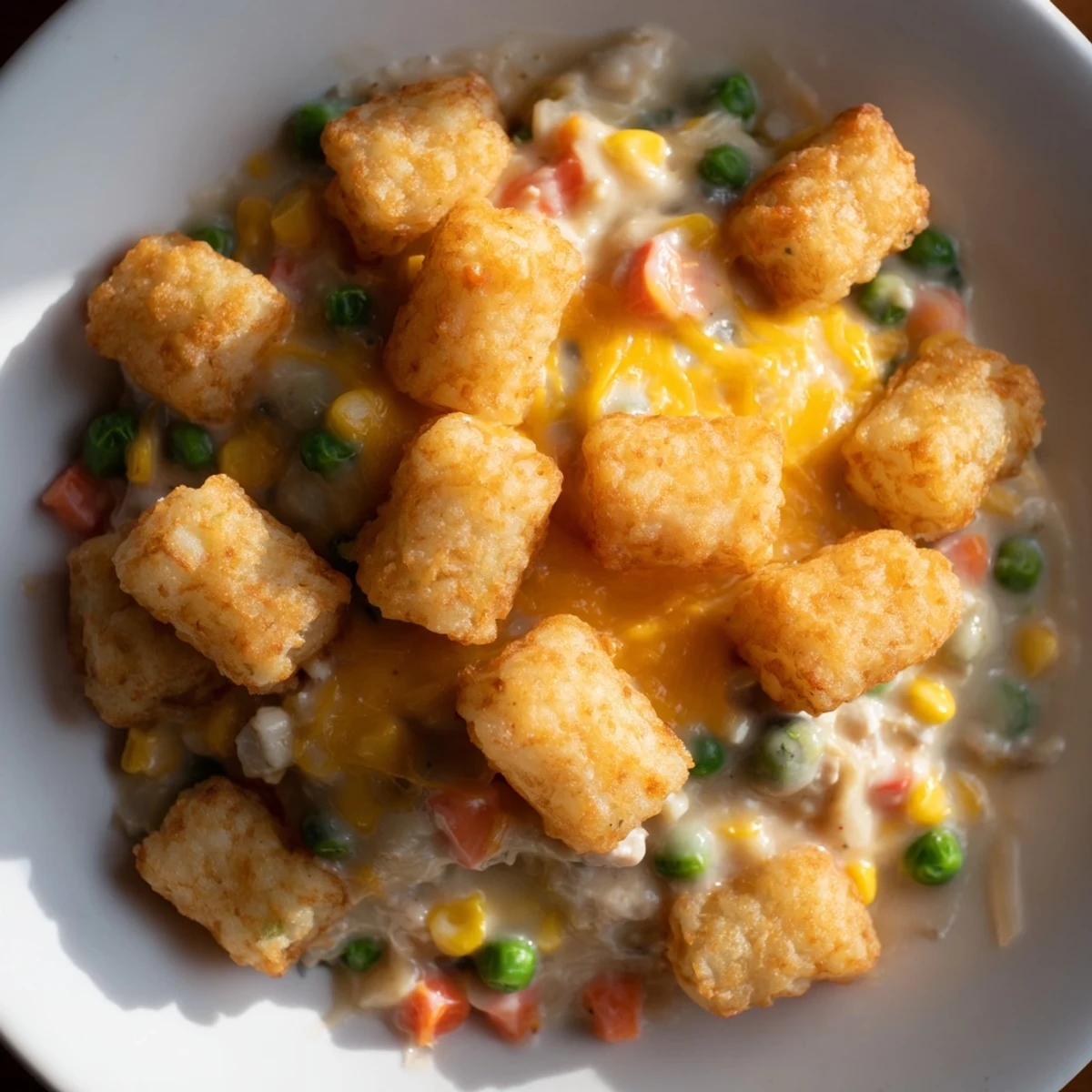 A comforting view of a baked Tater Tot Chicken Pot Pie, featuring a rich, chicken and veggie filling.
