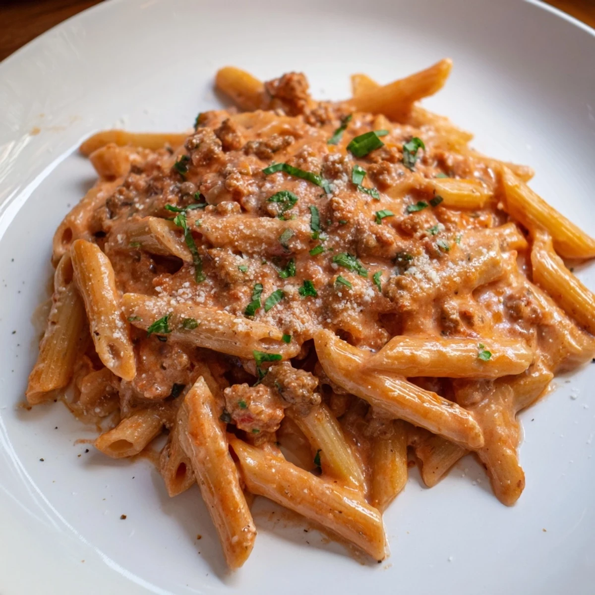 A steaming bowl of creamy tomato and sausage pasta, highlighting the rich sauce and penne.