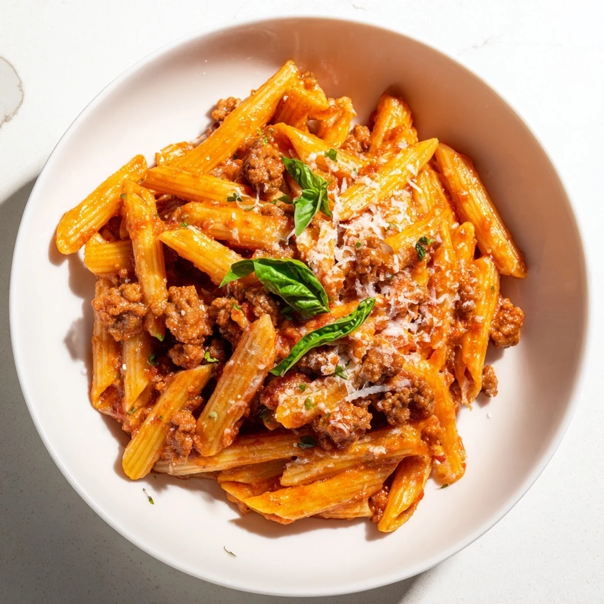 Creamy tomato and sausage pasta, served hot, with a sprinkle of fresh herbs.