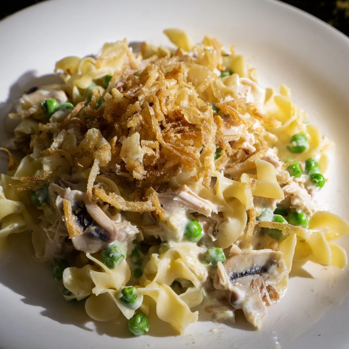 Golden brown and bubbly, this homemade tuna noodle casserole is topped with crispy fried onions.