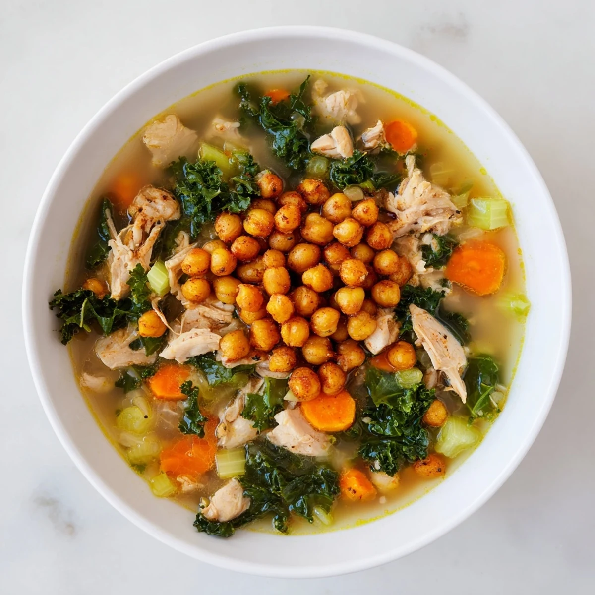 Chicken Kale Soup with crispy chickpeas, a bowl filled with hearty vegetables and perfectly cooked chicken.