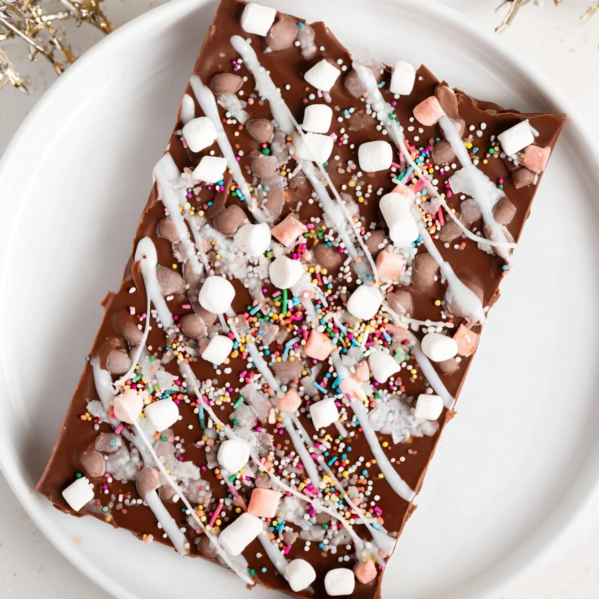 Rich, dark chocolate Viral Hot Chocolate Bomb Bark topped with mini marshmallows and peppermint pieces looks irresistible.