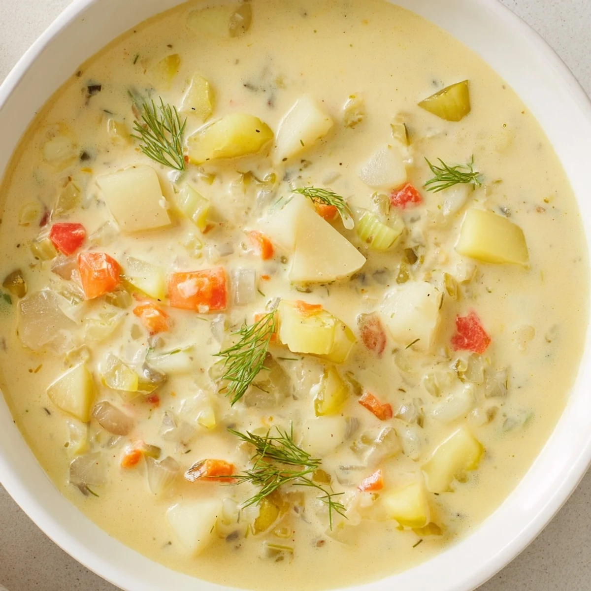Creamy dill pickle soup, steaming hot, garnished with fresh dill, ready to eat.