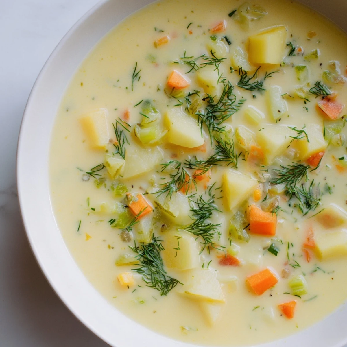 A bowl of creamy dill pickle soup, thick and velvety with visible pickle pieces and potatoes.