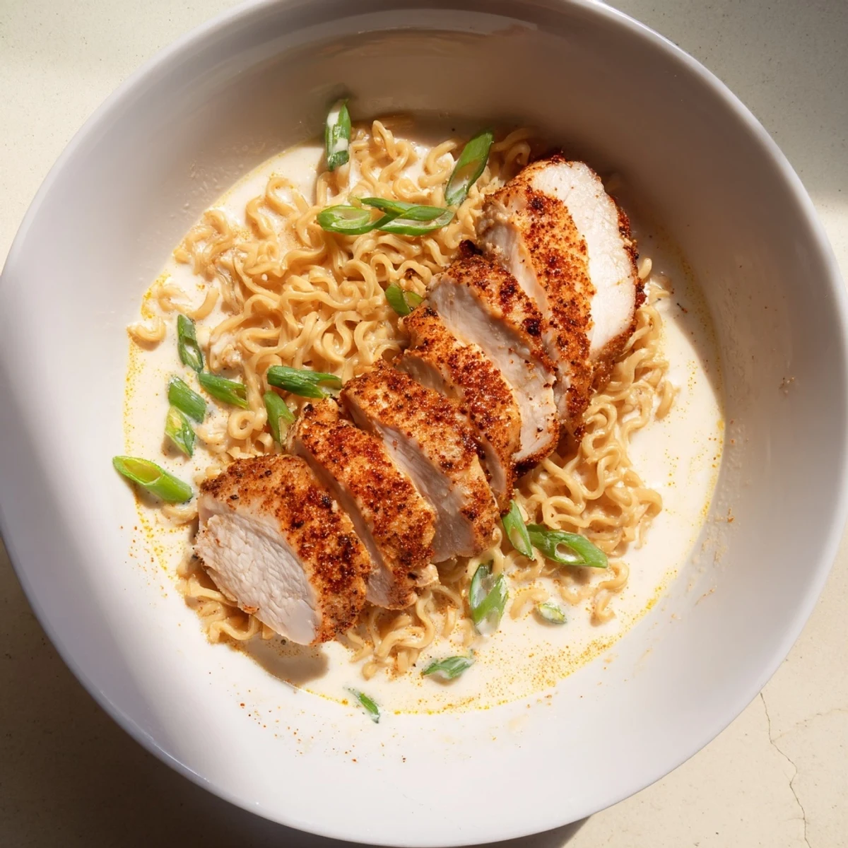 Steaming bowl of Fiery Chicken Ramen showcasing tender chicken, rich broth, and fresh green onions.