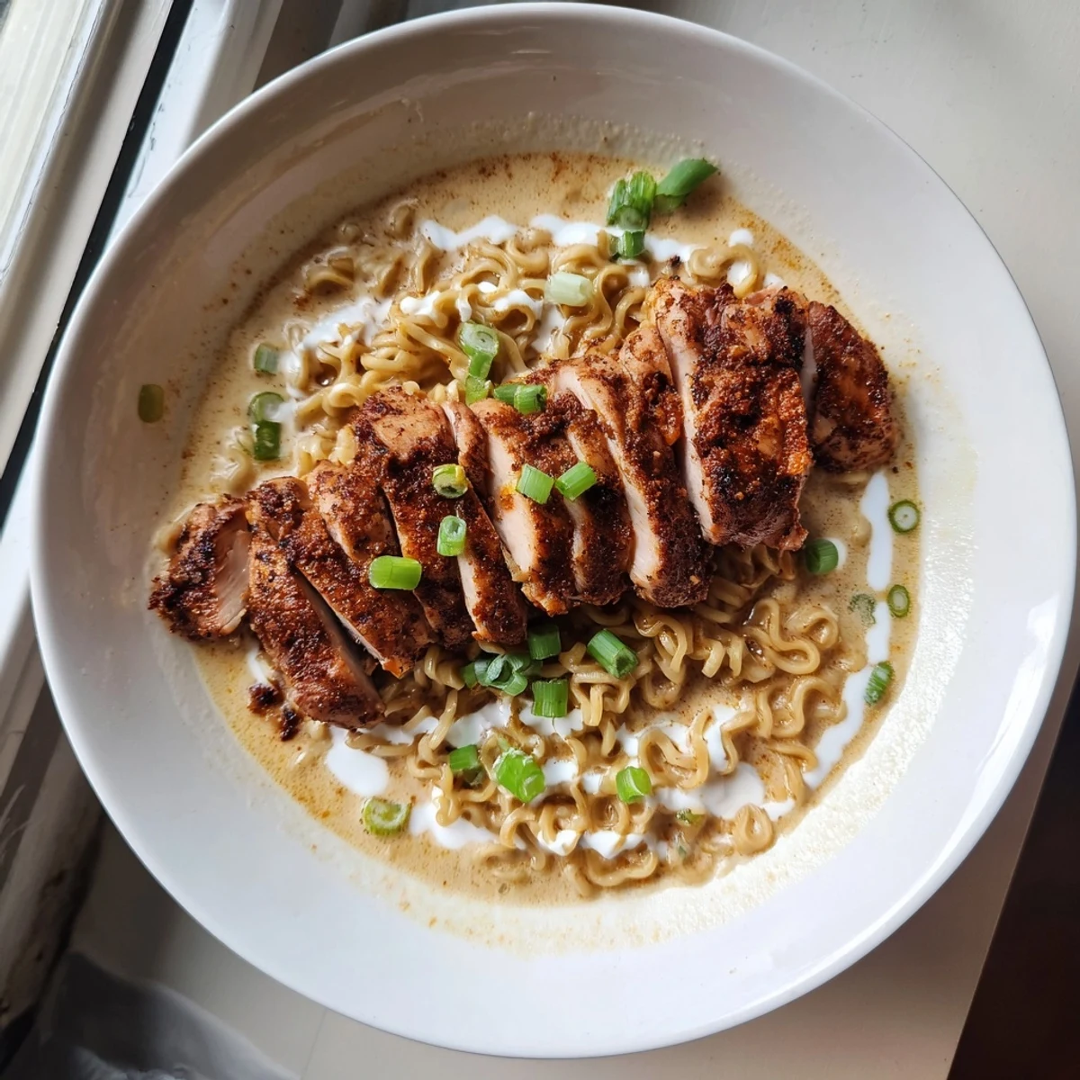 A flavorful serving of Fiery Chicken Ramen, featuring swirling noodles and creamy garlic sauce drizzled across.