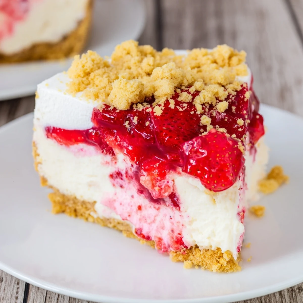 A slice of fresh Strawberry Shortcake Cheesecake with bright red strawberries and delicious crumble.