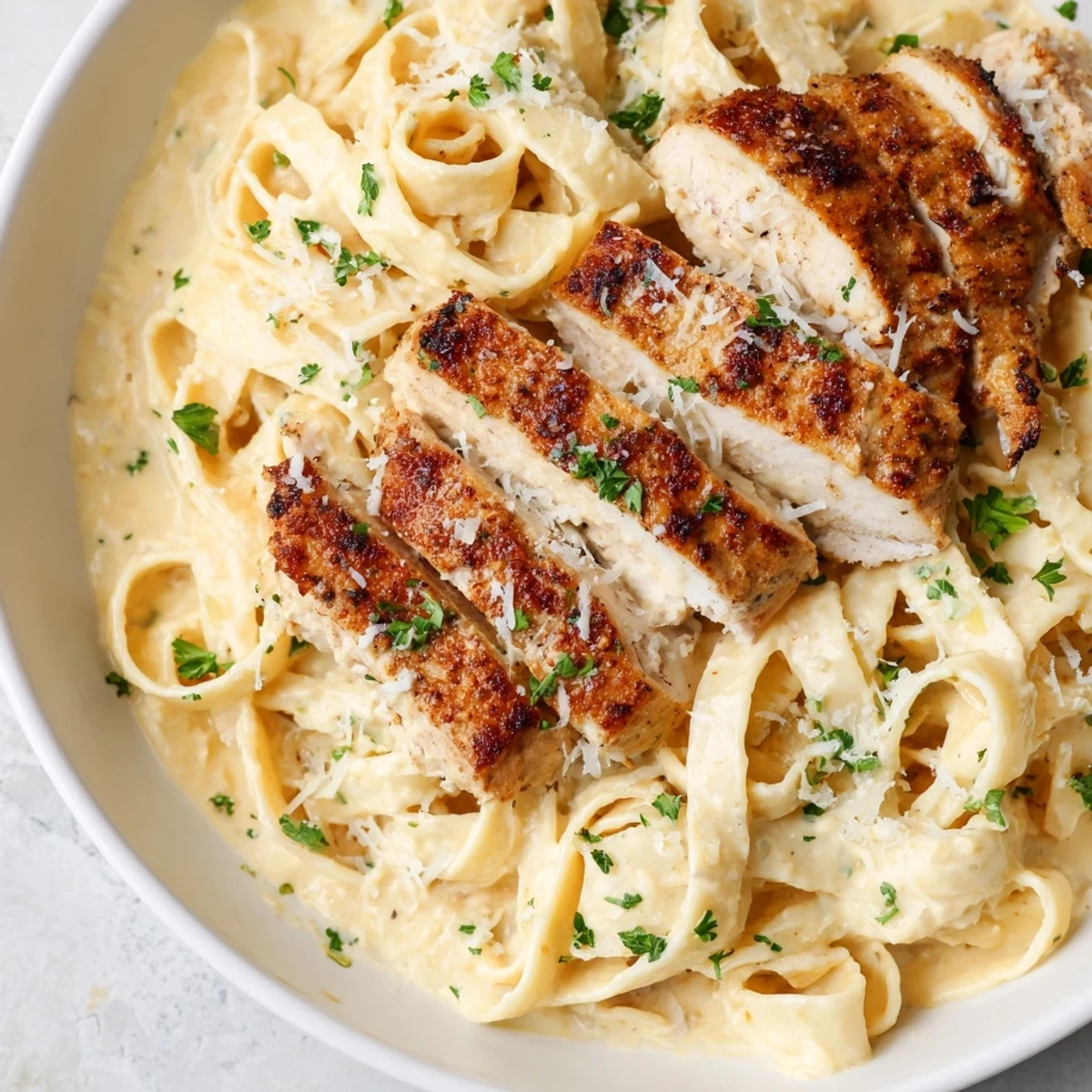 Tender Cajun chicken atop creamy, cheesy Cajun Chicken Alfredo Fettuccine Pasta, garnished with fresh parsley.