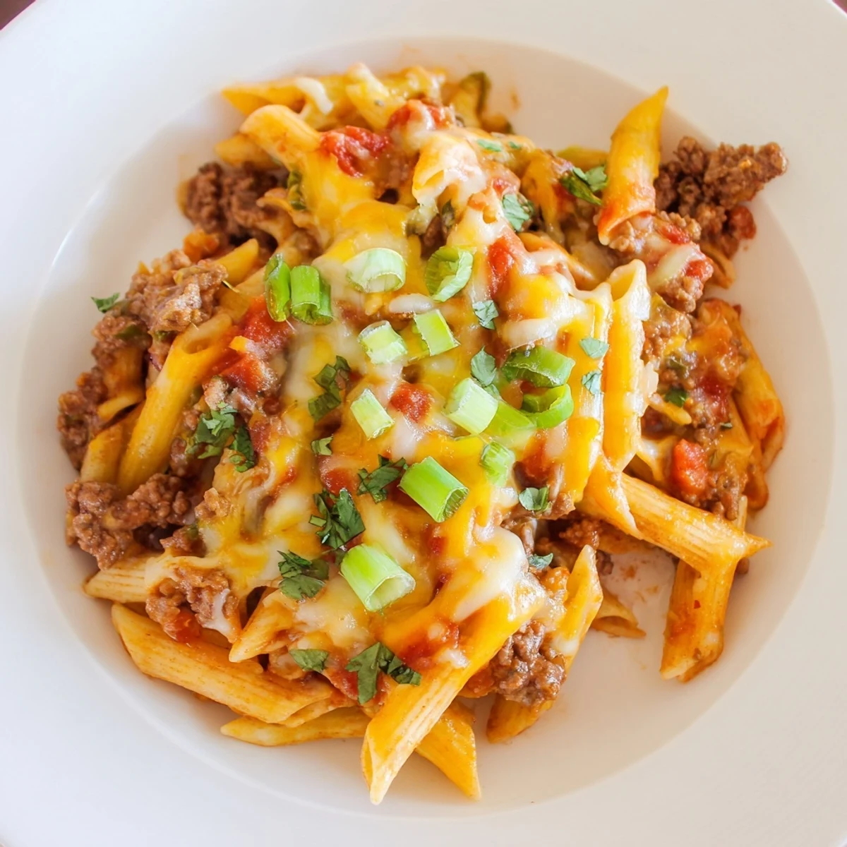 This photo depicts a bubbling skillet of Easy Beef Enchilada Pasta, garnished with fresh cilantro and green onions.