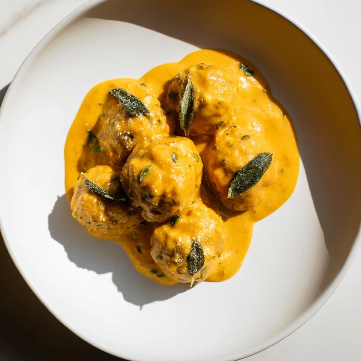Juicy turkey meatballs swimming in a creamy, vibrant pumpkin sage sauce, ready to eat.