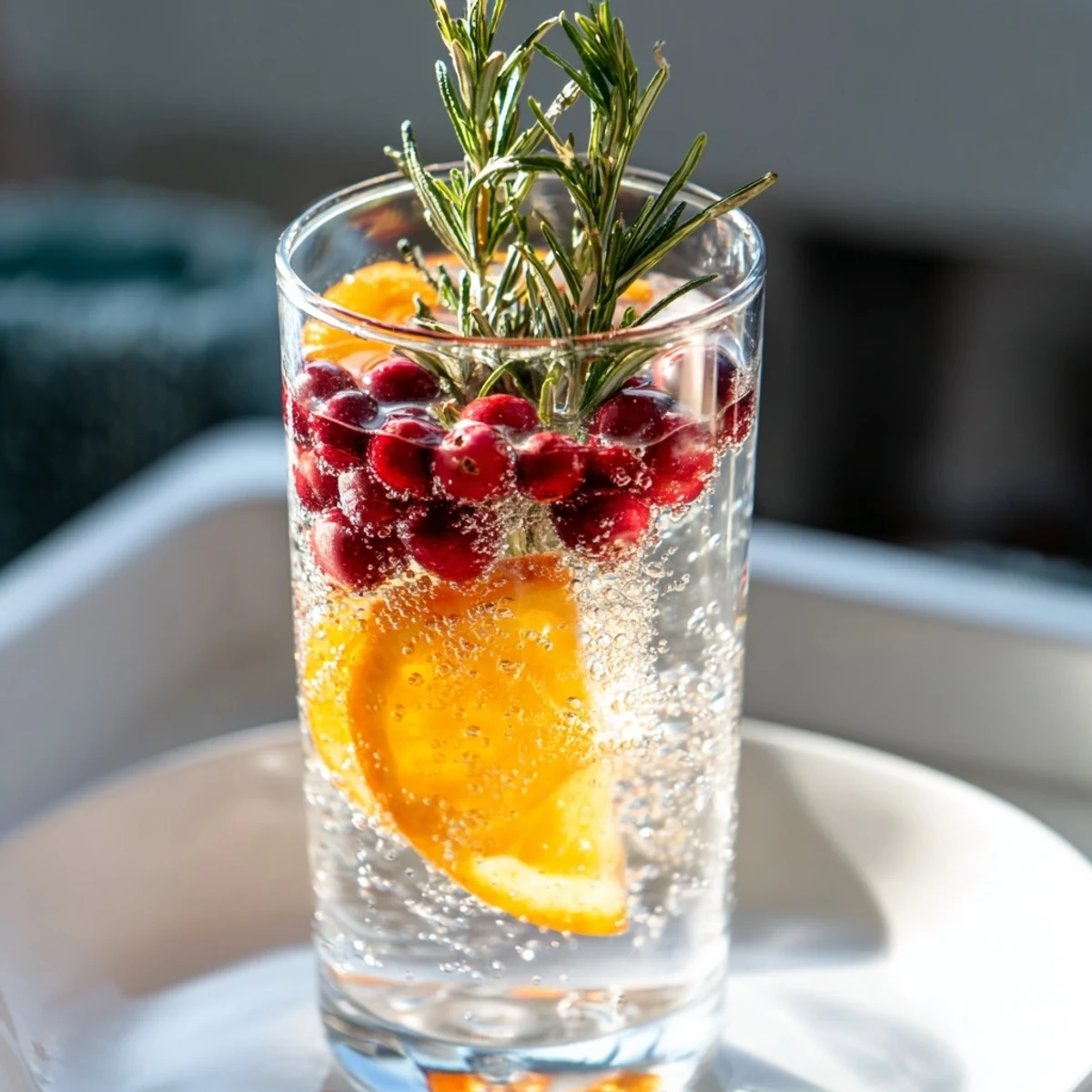 Refreshing Snow Globe Mocktail ingredients: frozen cranberries sparkle within a clear drink, perfect for winter holidays.