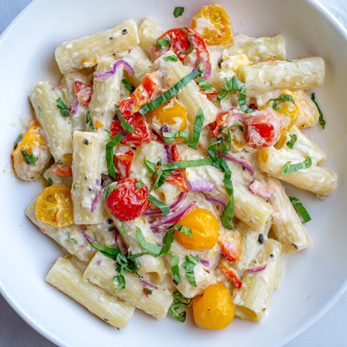Vibrant one-pan baked feta Christmas pasta, with roasted tomatoes and creamy feta cheese, ready to serve.