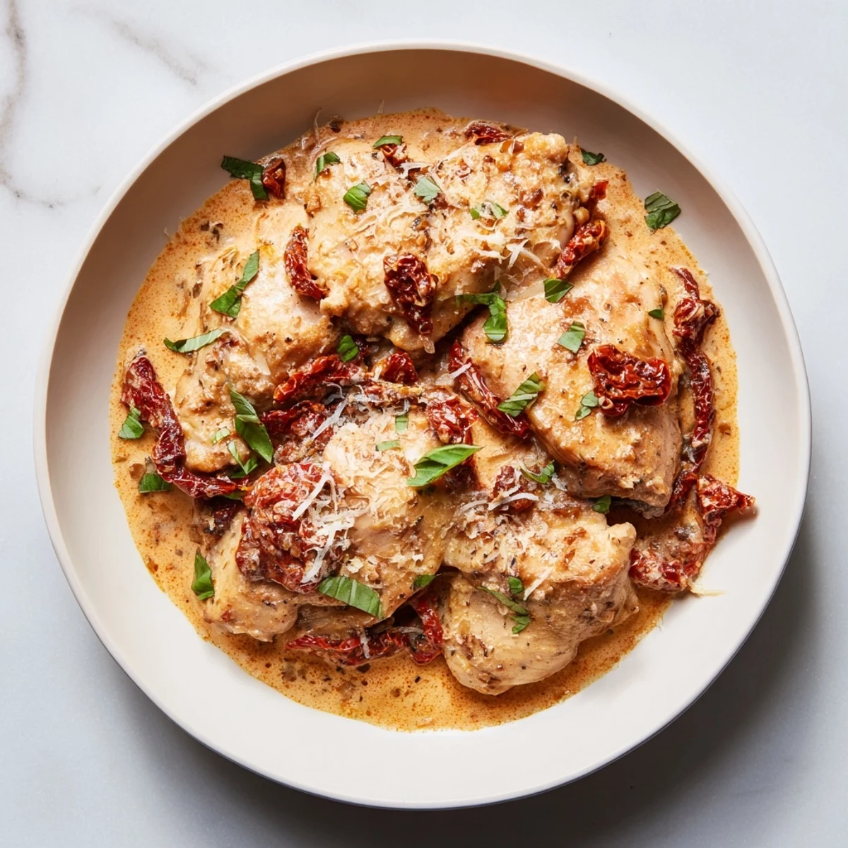 Sizzling Marry Me Chicken Thighs, garnished with fresh basil, showcasing a rich and flavorful weeknight dinner.