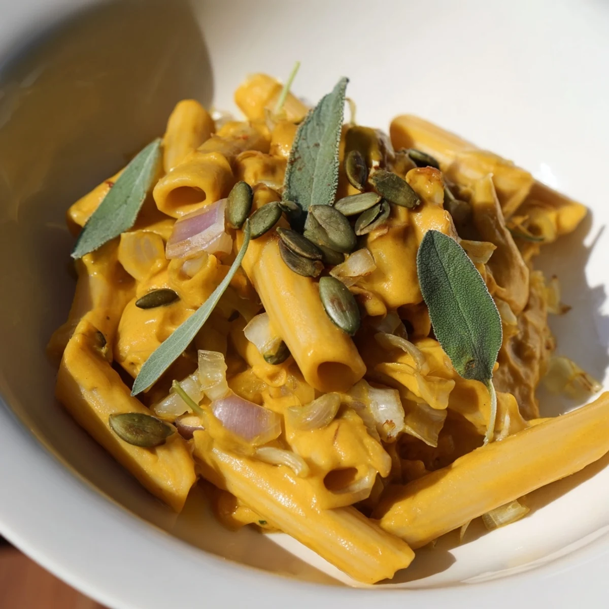 Warm Vegan Creamy Pumpkin Pasta with toasted pumpkin seeds, perfect for a fall dinner.