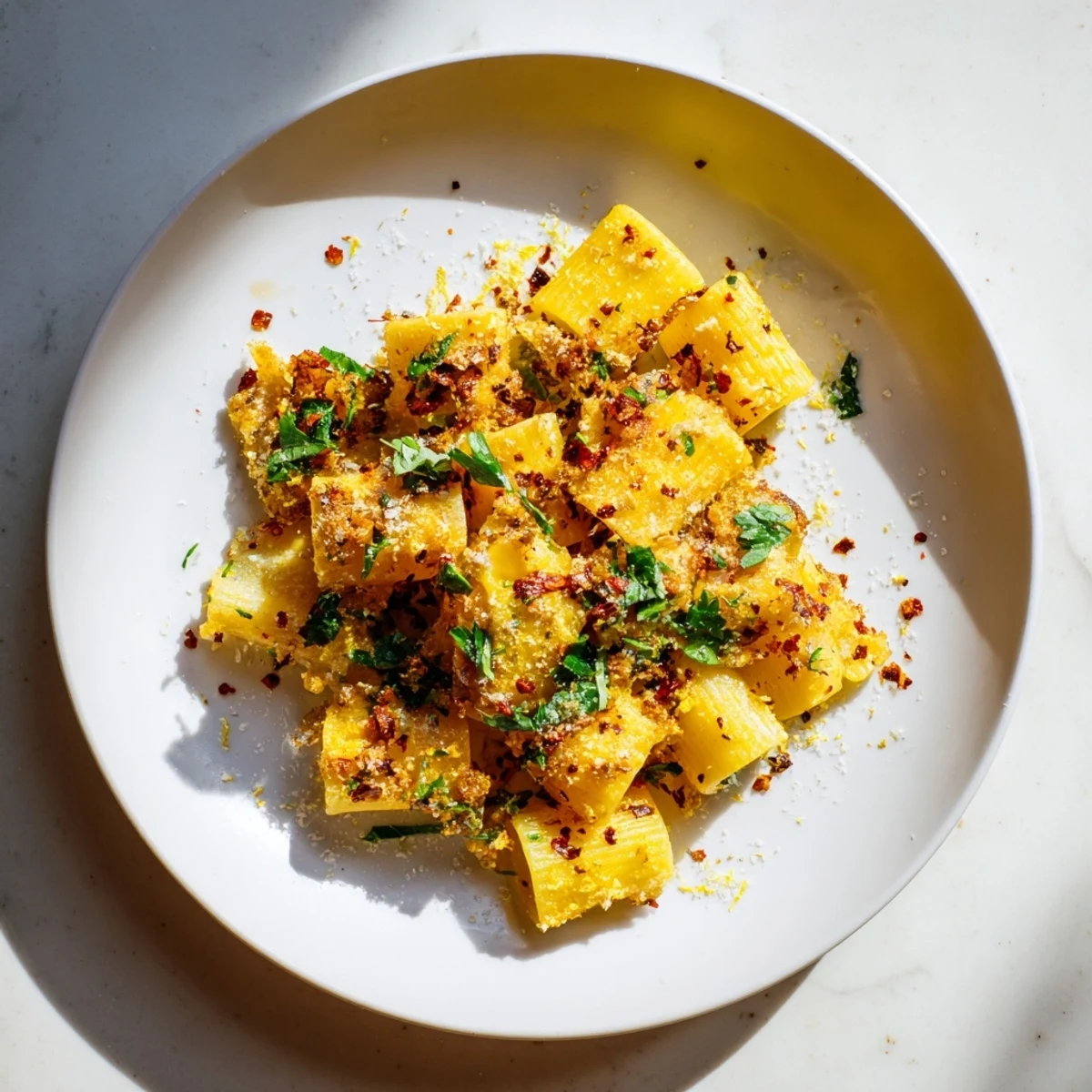 Close-up photo of baked, golden Spicy Lemon-Parmesan Pasta Chips, with visible chili flakes and zest.