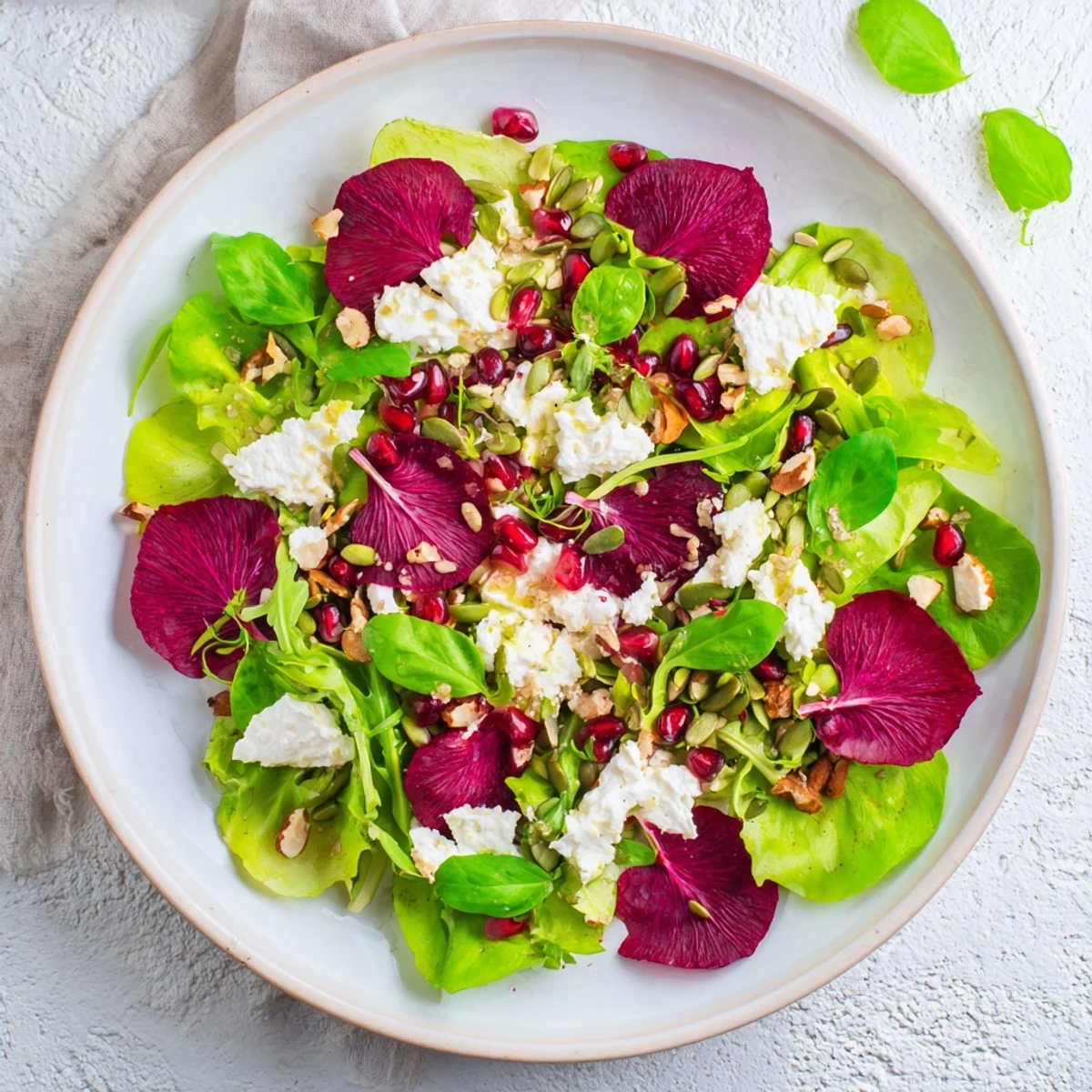 Festive Pomegranate Feta Wreath Salad with vibrant red pomegranate seeds and creamy feta cheese.