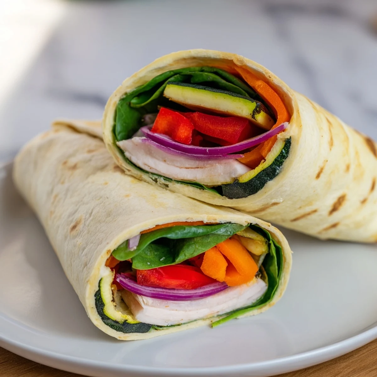 Golden brown Snowflake Hummus & Roasted Veggie Wrap, ready to eat, served on a plate for a healthy lunch.