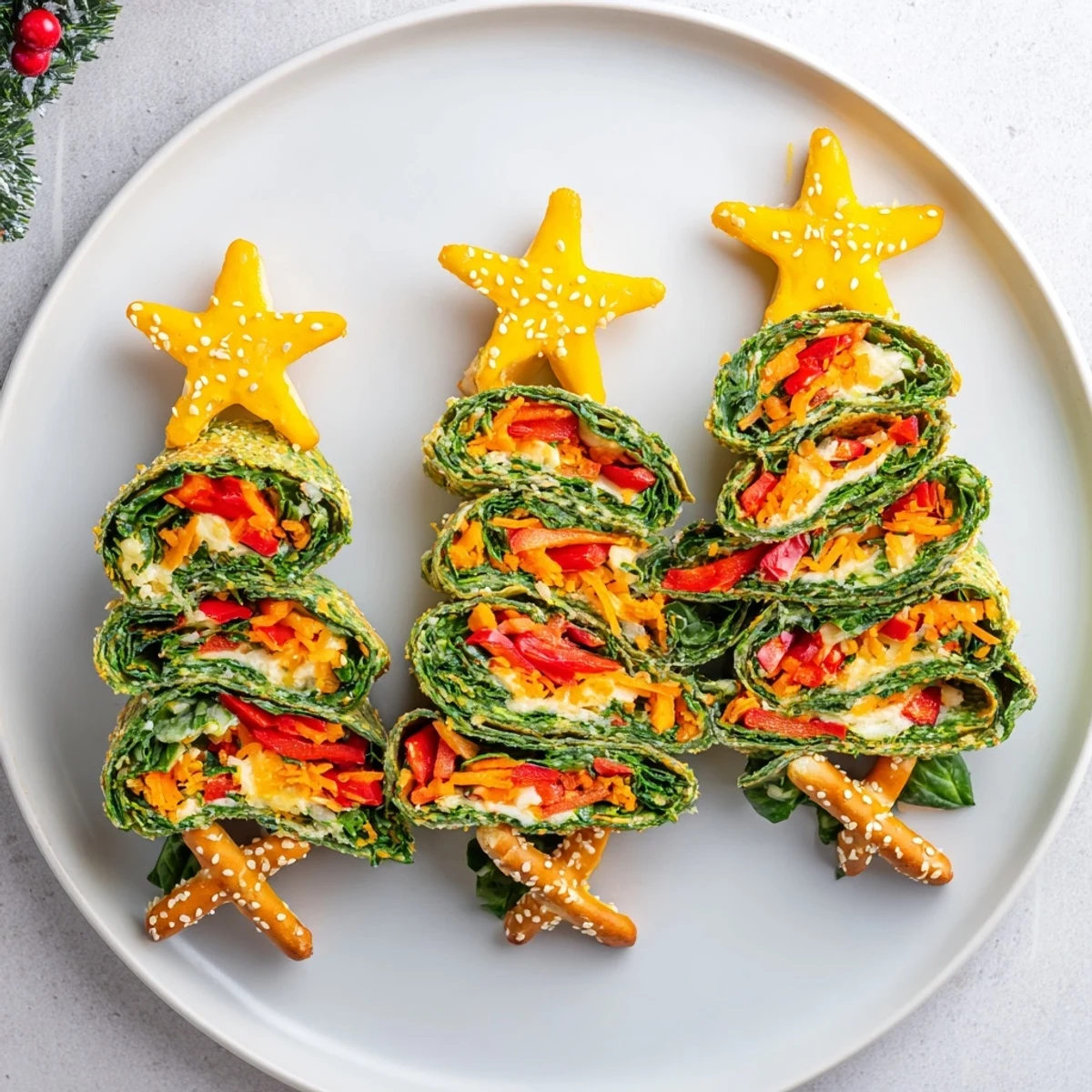 Freshly made Air Fryer Christmas Tree Veggie Tortilla Wraps showcase a creative holiday appetizer, ready to enjoy.
