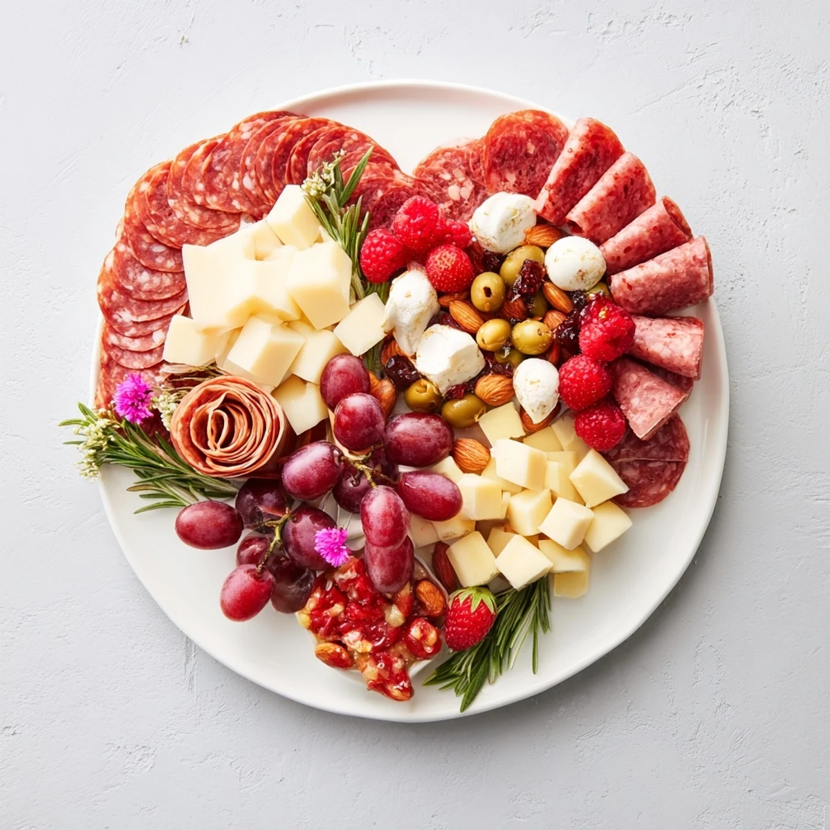 This delicious and beautifully arranged heart-shaped charcuterie board includes cured meats and sweet berries.