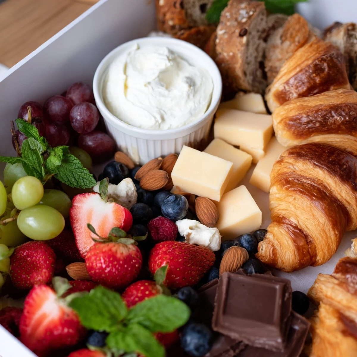 A beautiful Gift Box Brunch Board, complete with a selection of spreads, perfect for gifting.