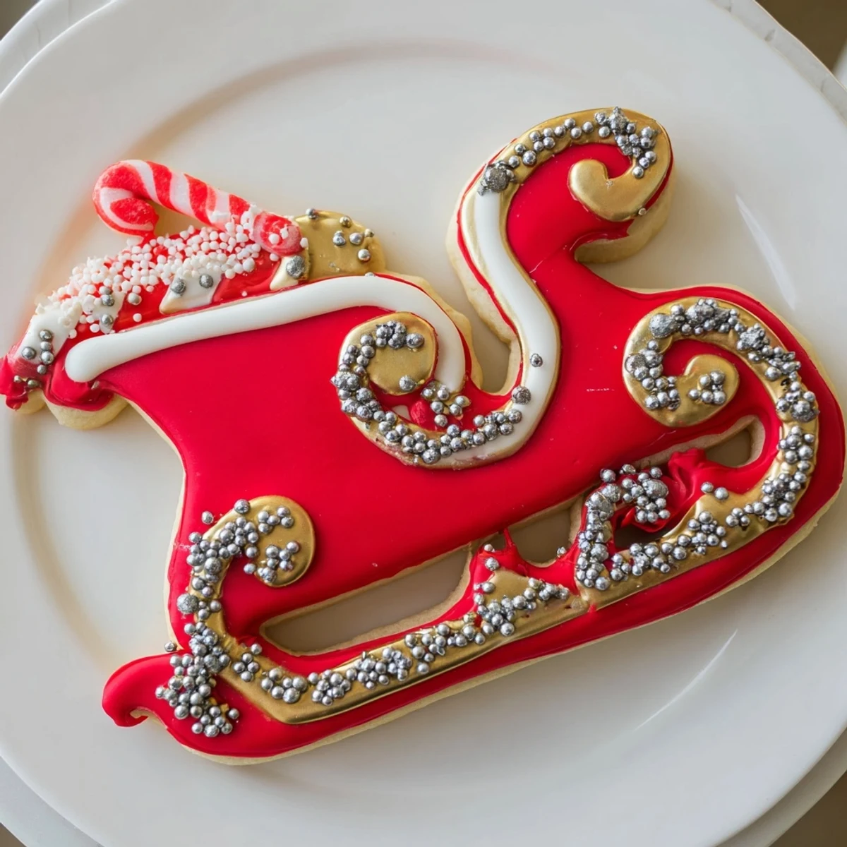 Vibrantly iced Santa sleigh cookies laden with festive sprinkles, resembling a delightful holiday food display.